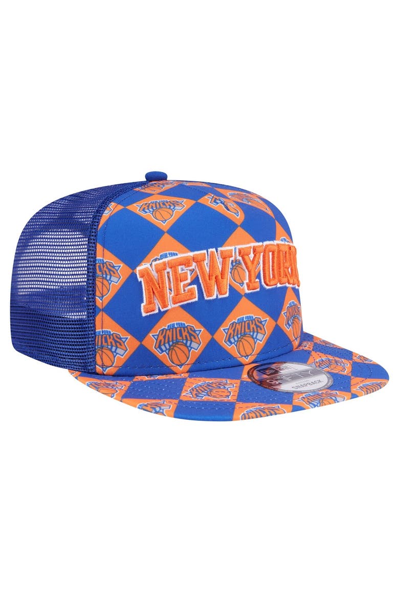 Men's New Era Blue New York Knicks Seeing Diamonds A-Frame Trucker 9FIFTY Snapback Hat, Alternate, color, Blue