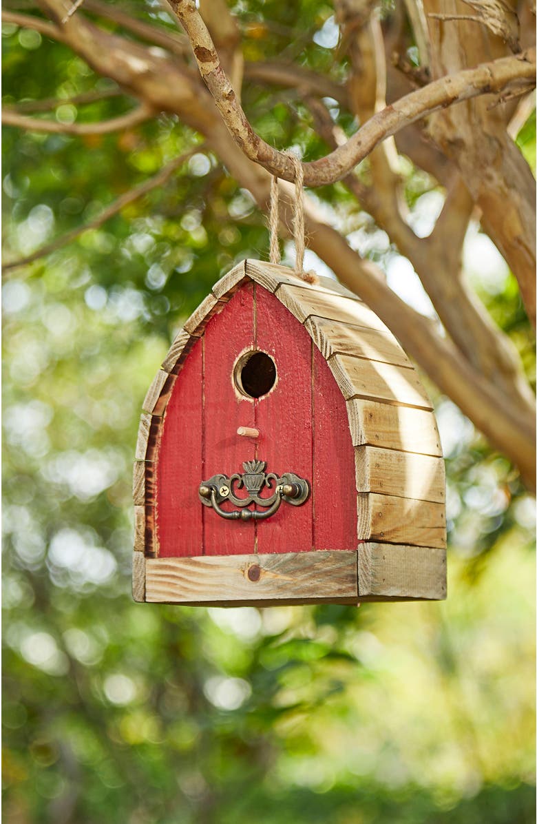 Glitzhome 8.5"H Washed Red Distressed Solid Wood Birdhouse, Alternate, color, Red