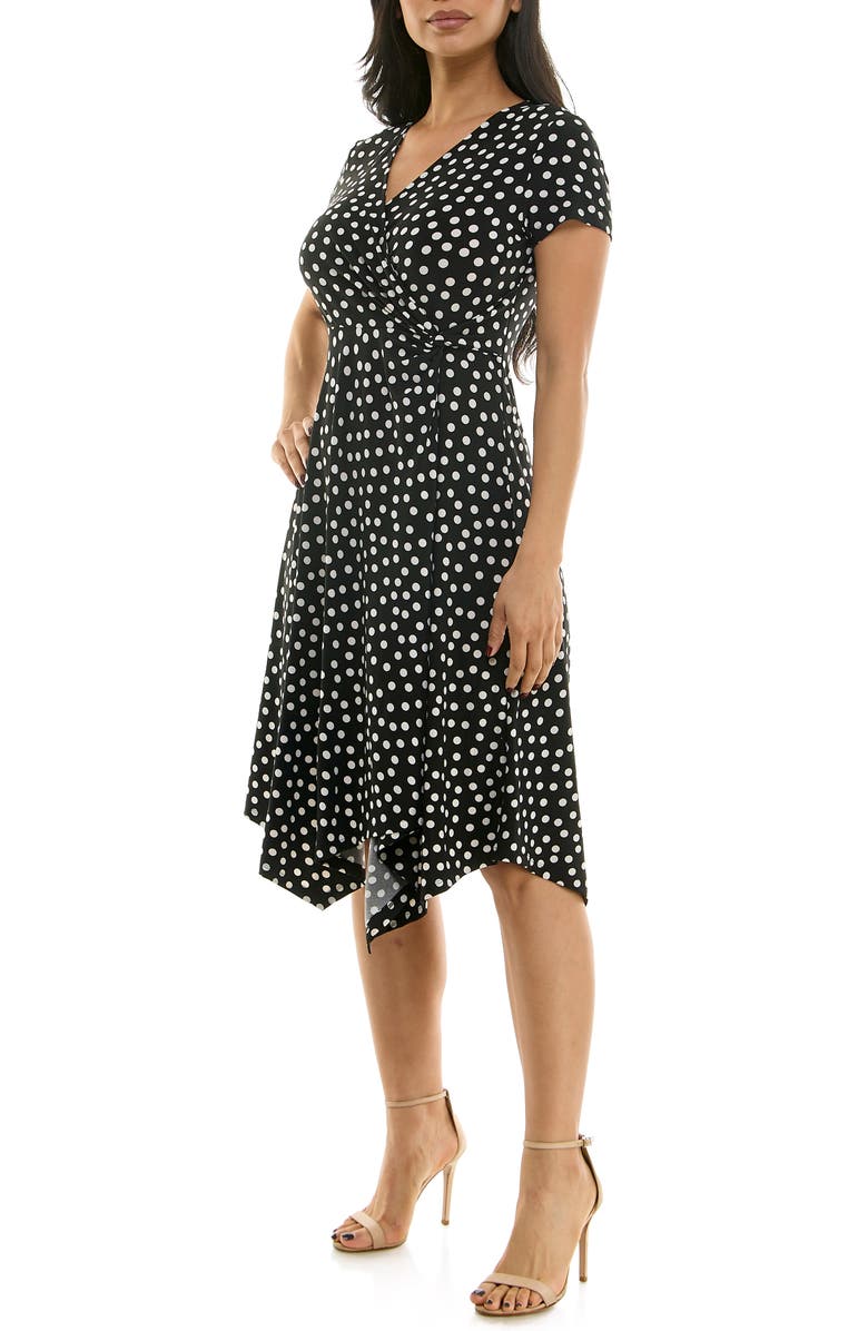 Nina Leonard Faux Wrap Handkerchief Dress, Alternate, color, Black/ Vanilla Ice