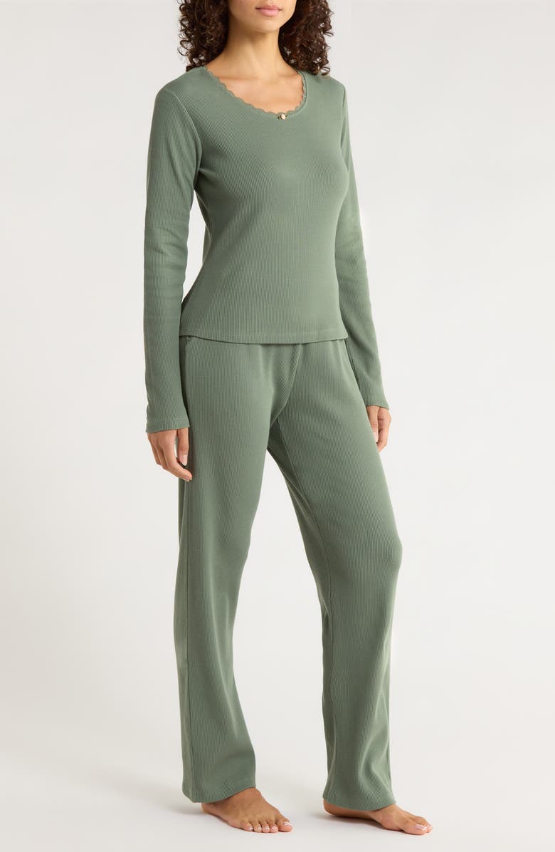 Papinelle Claire Waffle Knit Pajamas, Alternate, color, Moss