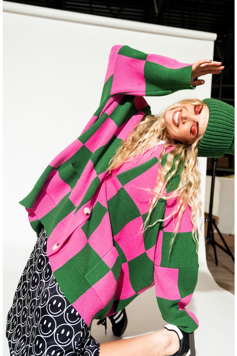 Love You Oversize Checkerboard Cardigan, Alternate, color, WATERMELON