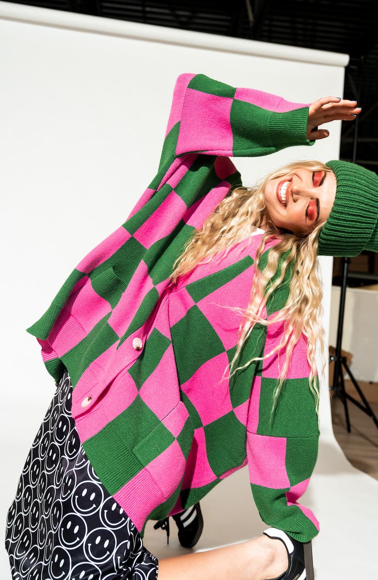 Dressed in Lala Love You Oversize Checkerboard Cardigan, Alternate, color, Watermelon