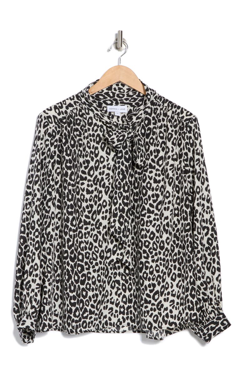 Tie Neck Long Sleeve Top, Alternate, color, BLACK/ WHITE LEOPARD