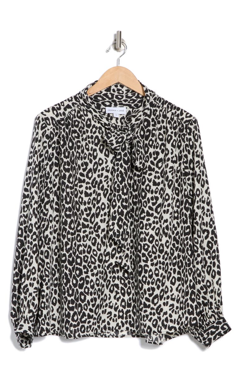 Gemma + Jane Tie Neck Long Sleeve Top, Alternate, color, Black/ White Leopard