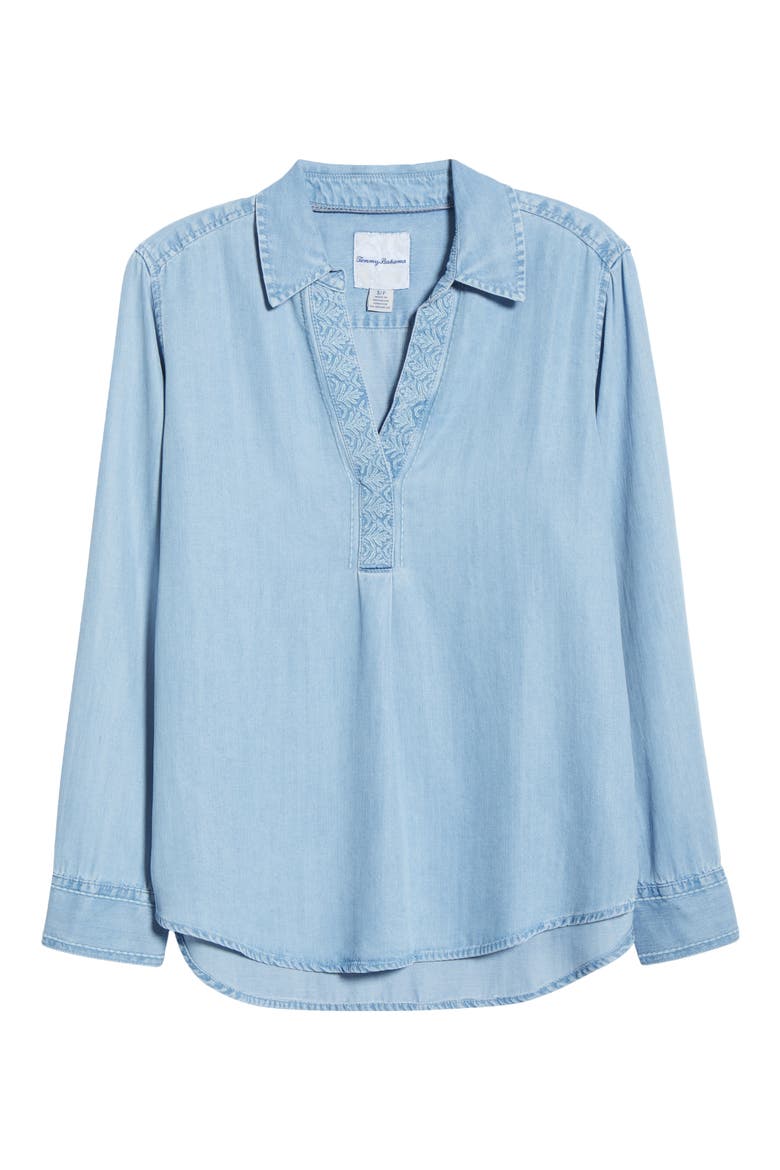 Chambray O'lei Popover Shirt, Alternate, color, LIGHT INDIGO WASH