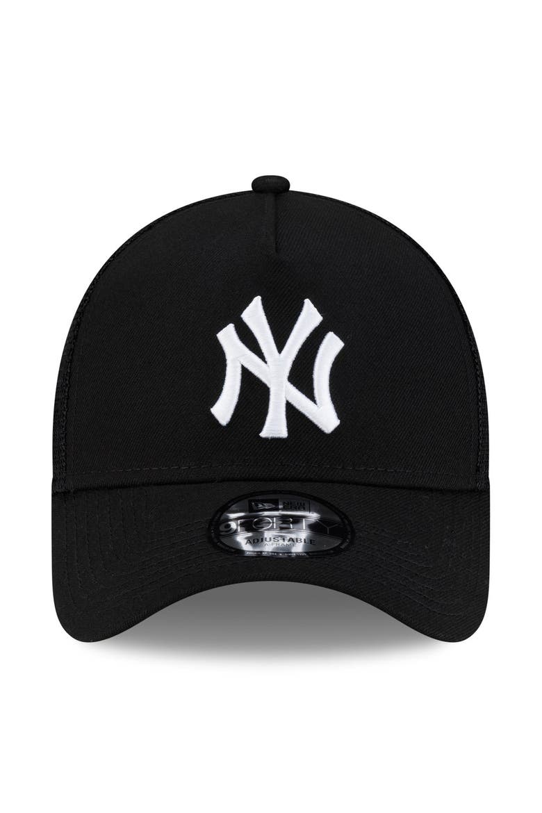 Men's New Era Black New York Yankees Side Script 9FORTY A-Frame Trucker Adjustable Hat, Alternate, color, Black