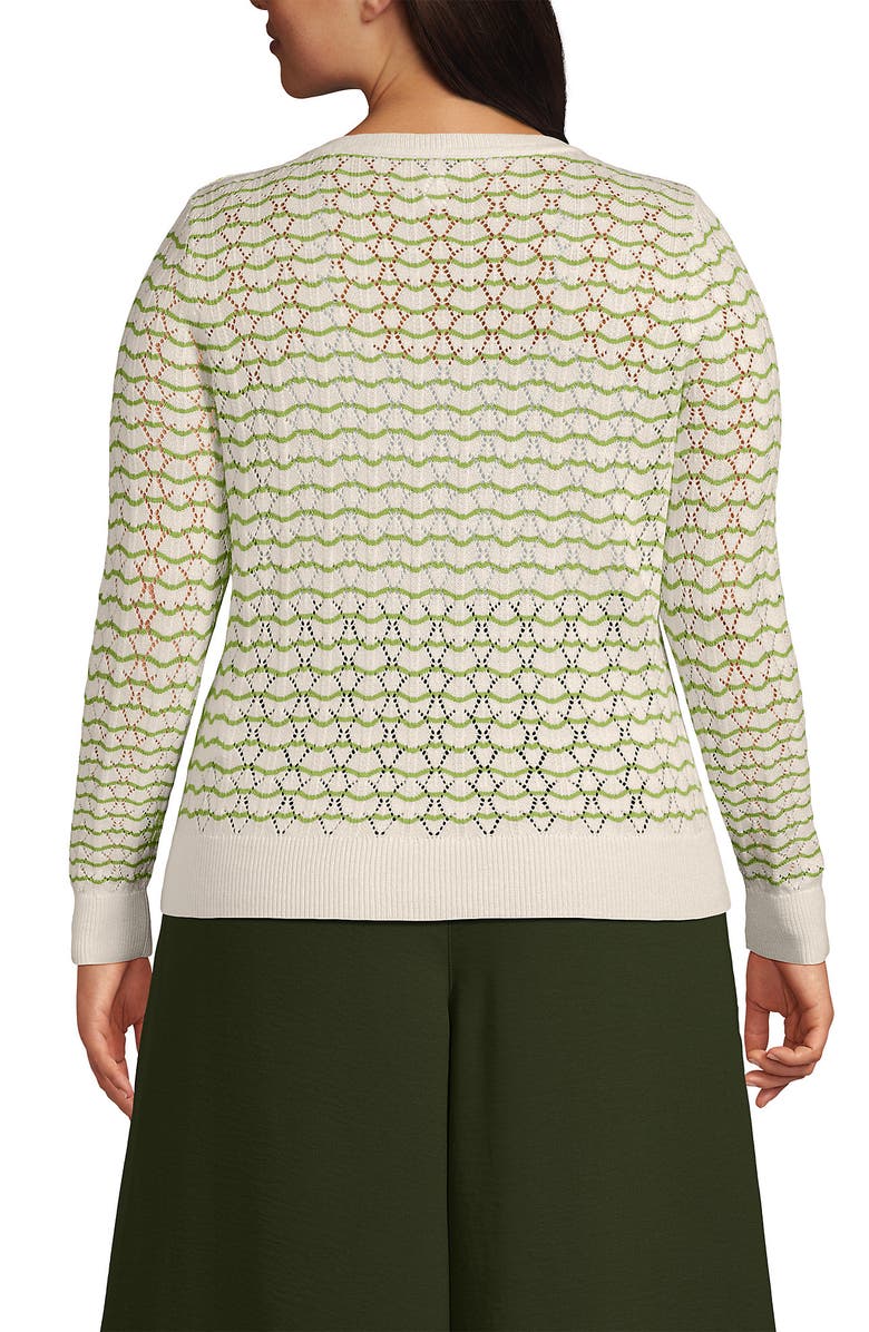 Lands' End Plus Size Cotton Viscose Button Shoulder Modern Crew Sweater, Alternate, color, Pistachio/Ivory Stitch Stripe