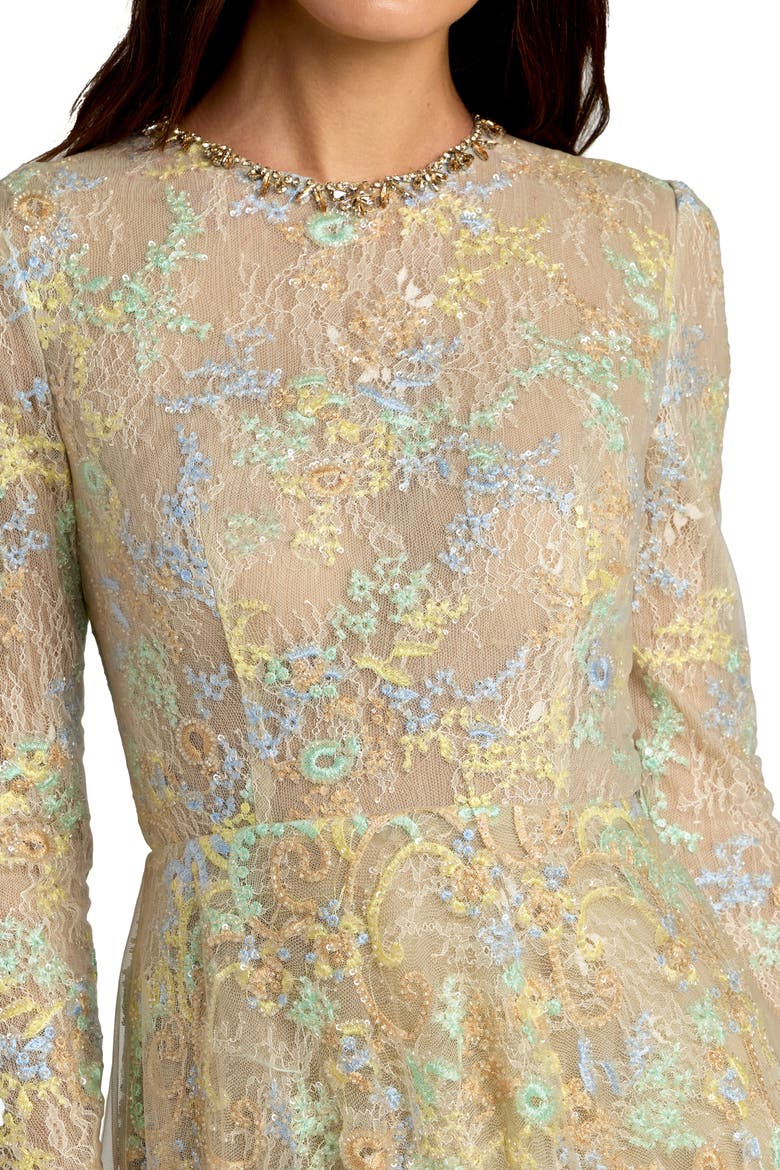 Long Sleeve Embellished Lace A-Line Gown, Alternate, color, Nude Multi