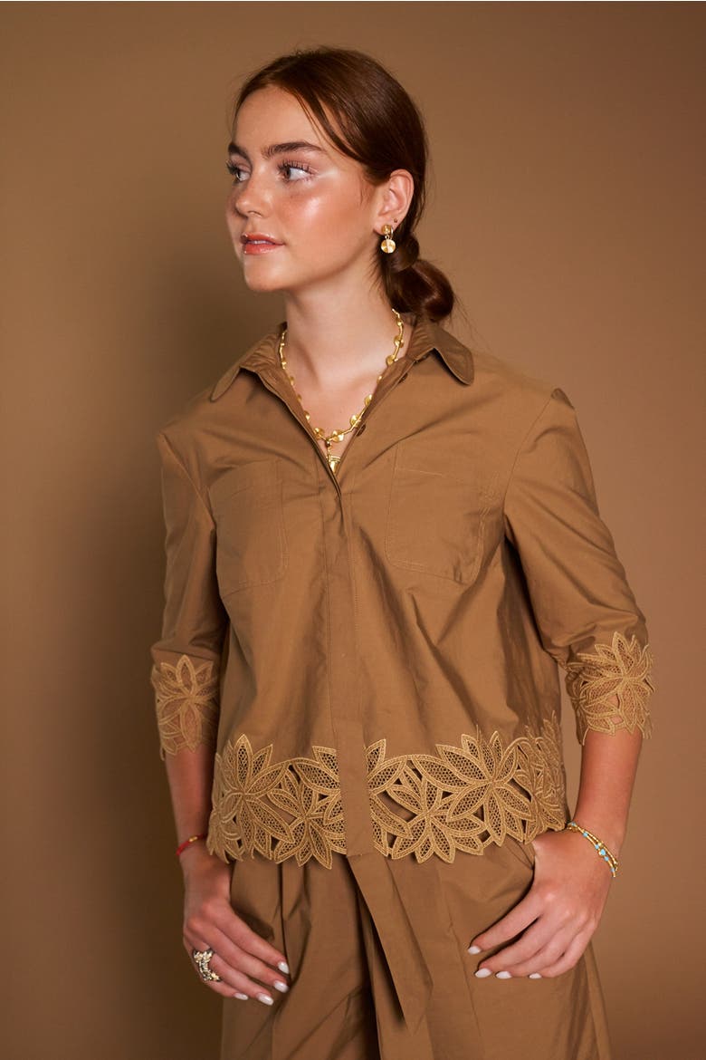 Embroidered Cotton Blouse With Patch Pockets, Alternate, color, Tobacco