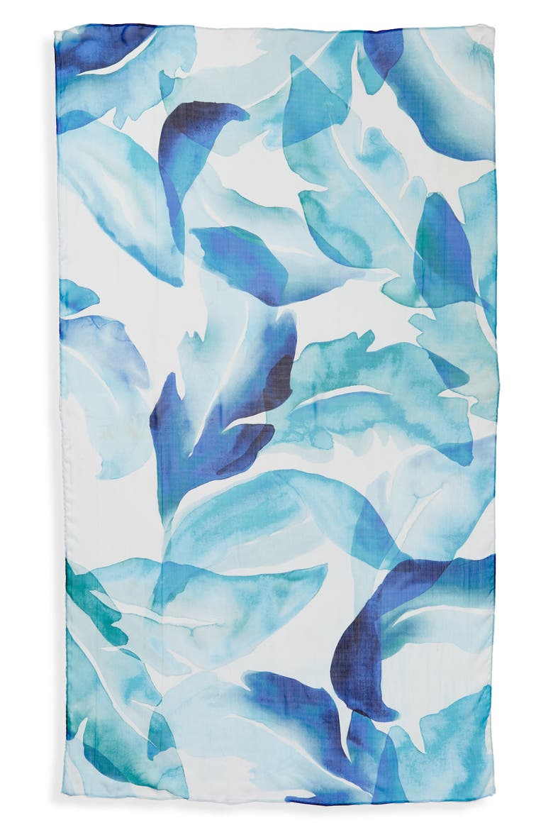 Silk Chiffon Oblong Scarf, Alternate, color, BLUE LAYERED LEAVES PRINT