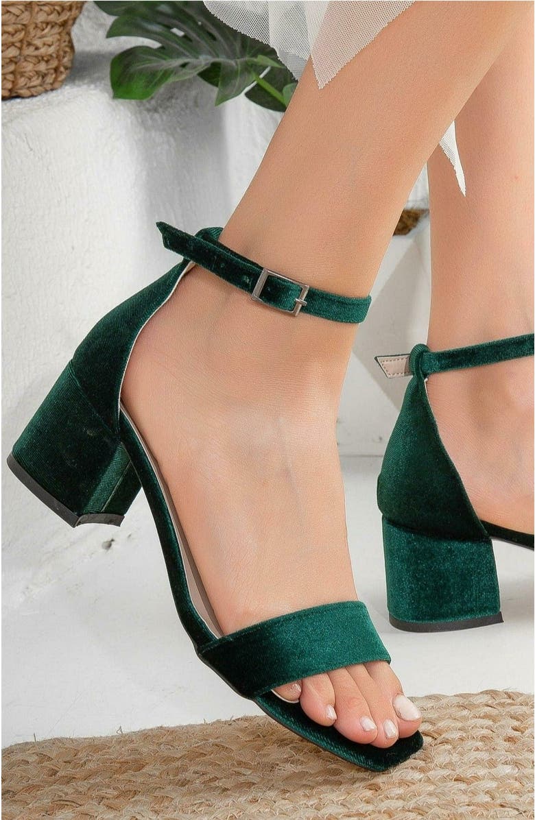 Forever & Always Shoes Iva Low Block Heel Sandals, Alternate, color, Emerald Green Velvet
