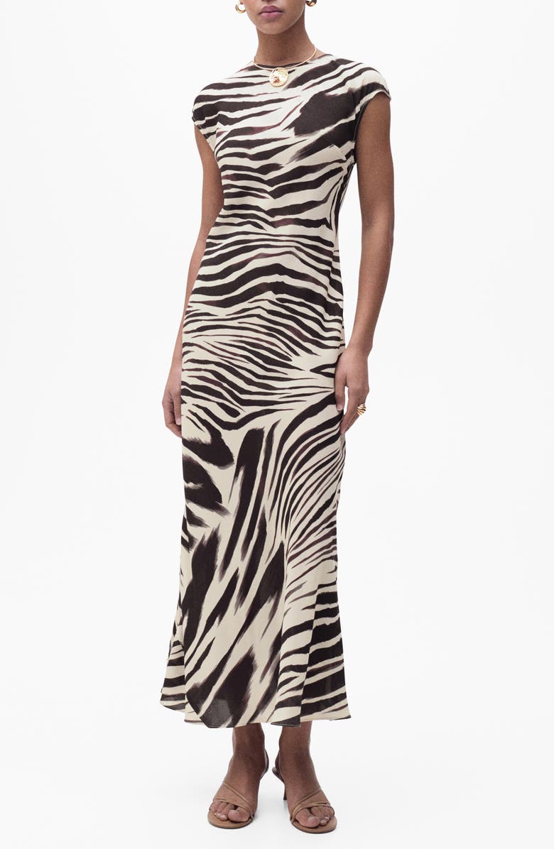 MANGO Zebra Print Cap Sleeve Midi Dress, Main, color, 