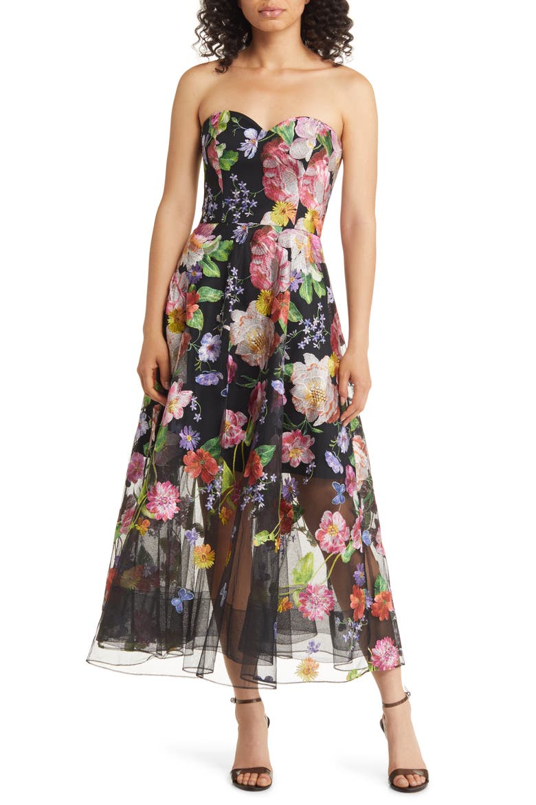 Floral Embroidered Strapless Cocktail Dress, Main, color, BLACK/ PINK