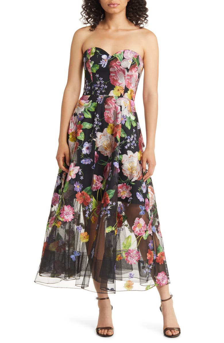 Marchesa Notte Floral Embroidered Strapless Cocktail Dress, Main, color, 