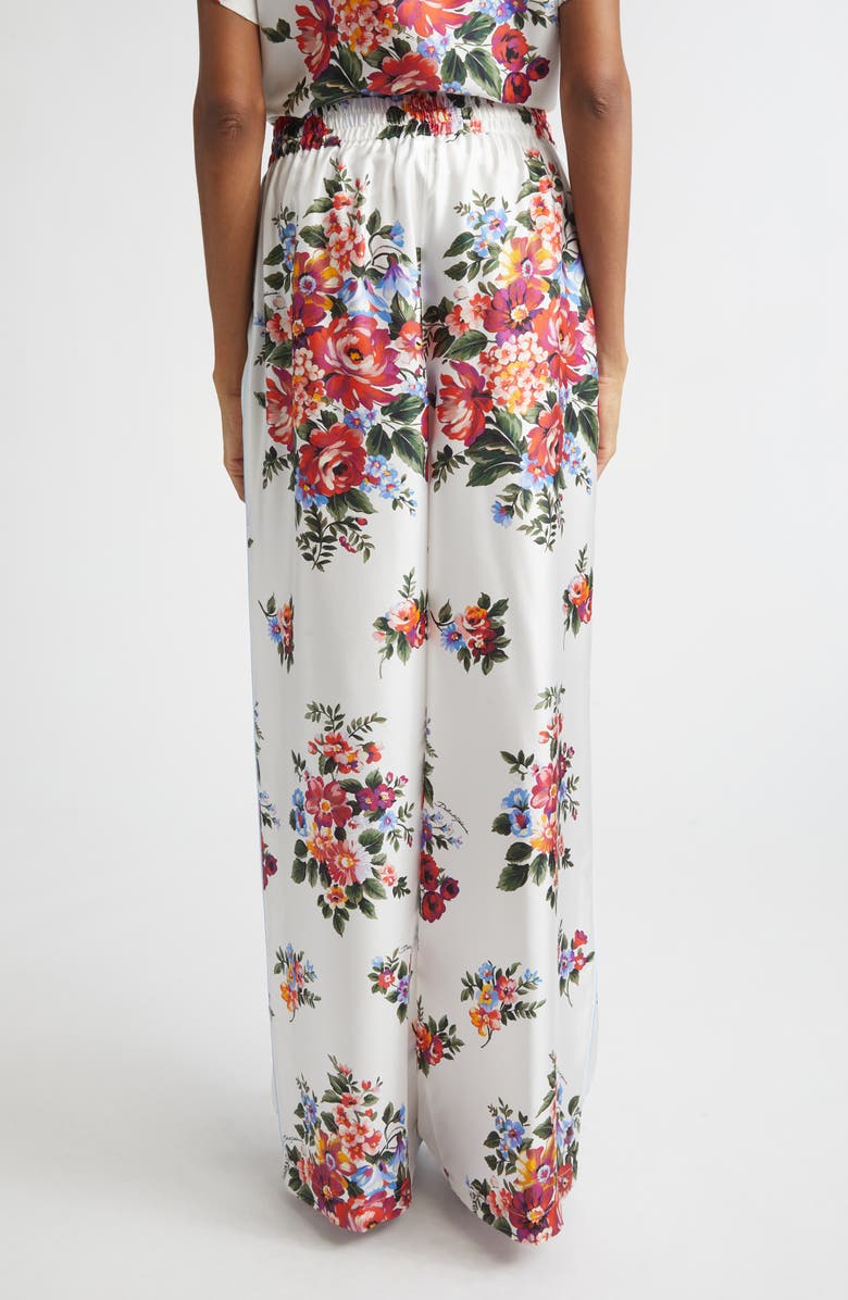 Dolce&Gabbana Floral Bouquet Print Silk Twill Drawstring Pants, Alternate, color, Mazz.fiori F.bianco
