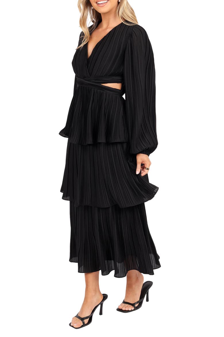 Pippa Side Cutout Long Sleeve Tiered Midi Dress, Alternate, color, BLACK