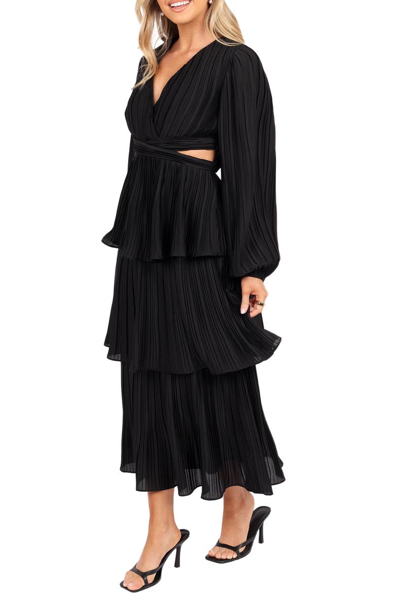 Petal & Pup Pippa Side Cutout Long Sleeve Tiered Midi Dress, Alternate, color, Black