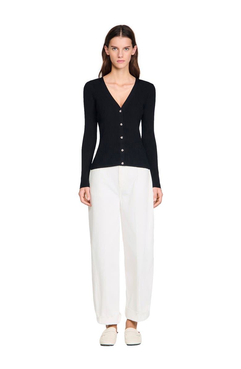 SANDRO Ribbed cardigan with fancy buttons, Alternate, color, Black