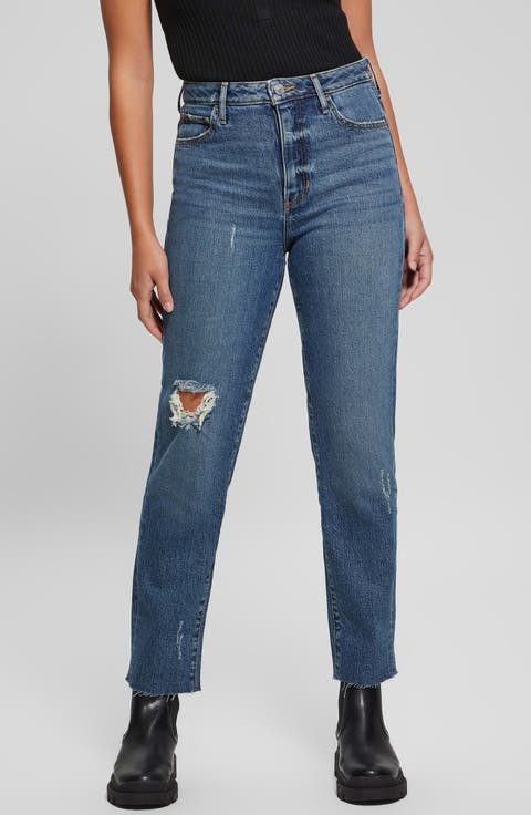 High Waist Distressed Raw Hem Ankle Mom Jeans (Winx)