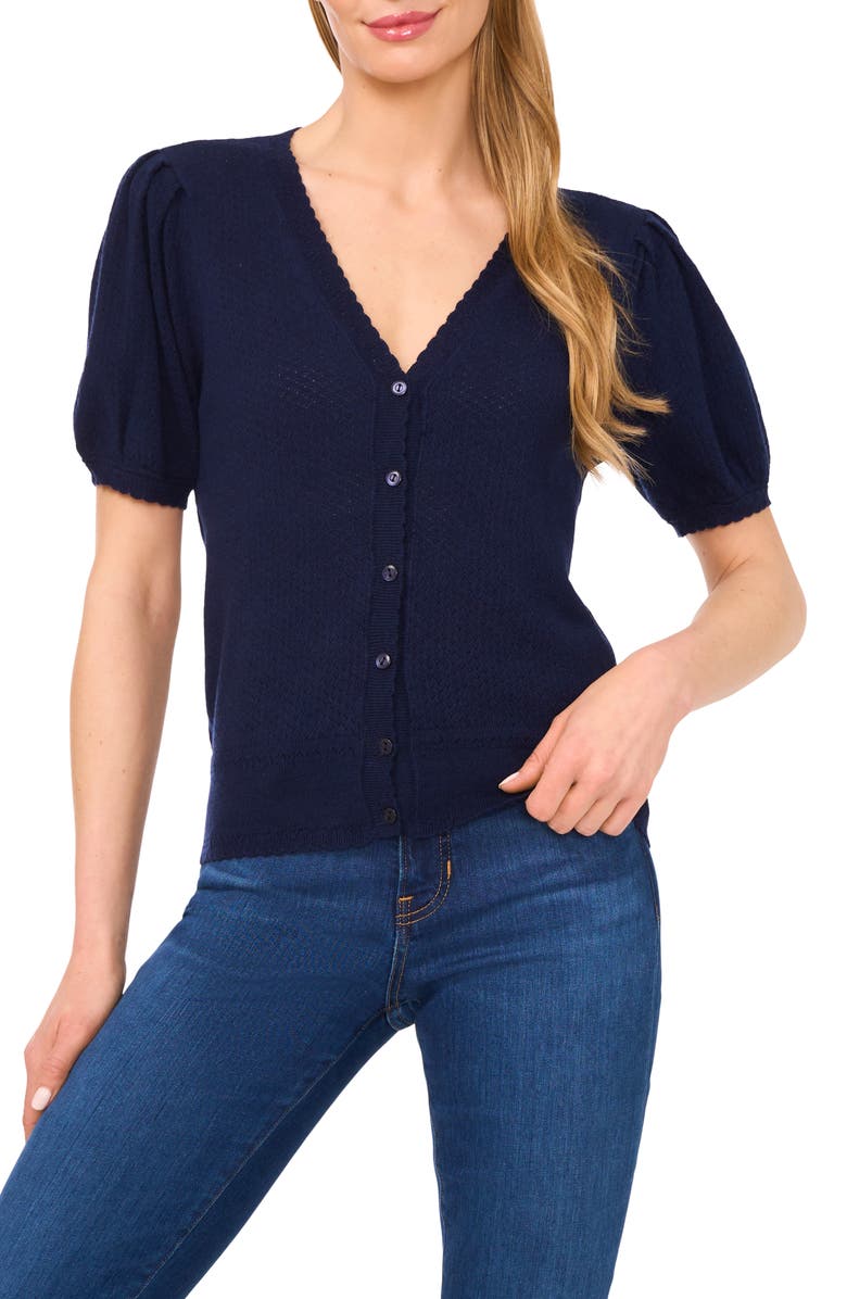 CeCe Pointelle V-Neck Sweater, Main, color, Classic Navy