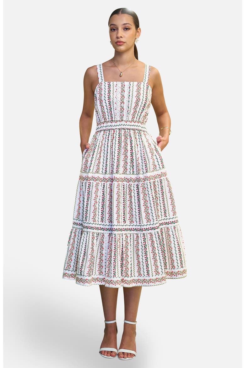 Botanical Stripe Lace Trim Midi Dress, Main, color, White