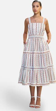Yumi Botanical Stripe Lace Trim Midi Dress
