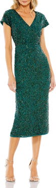 Mac Duggal Sequined Short Sleeve Wrap Over Cocktail Dress