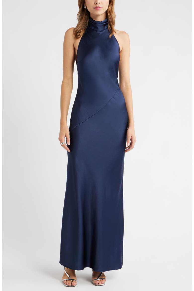 Sleeveless Satin Halter Dress, Main, color, NAVY IRIS