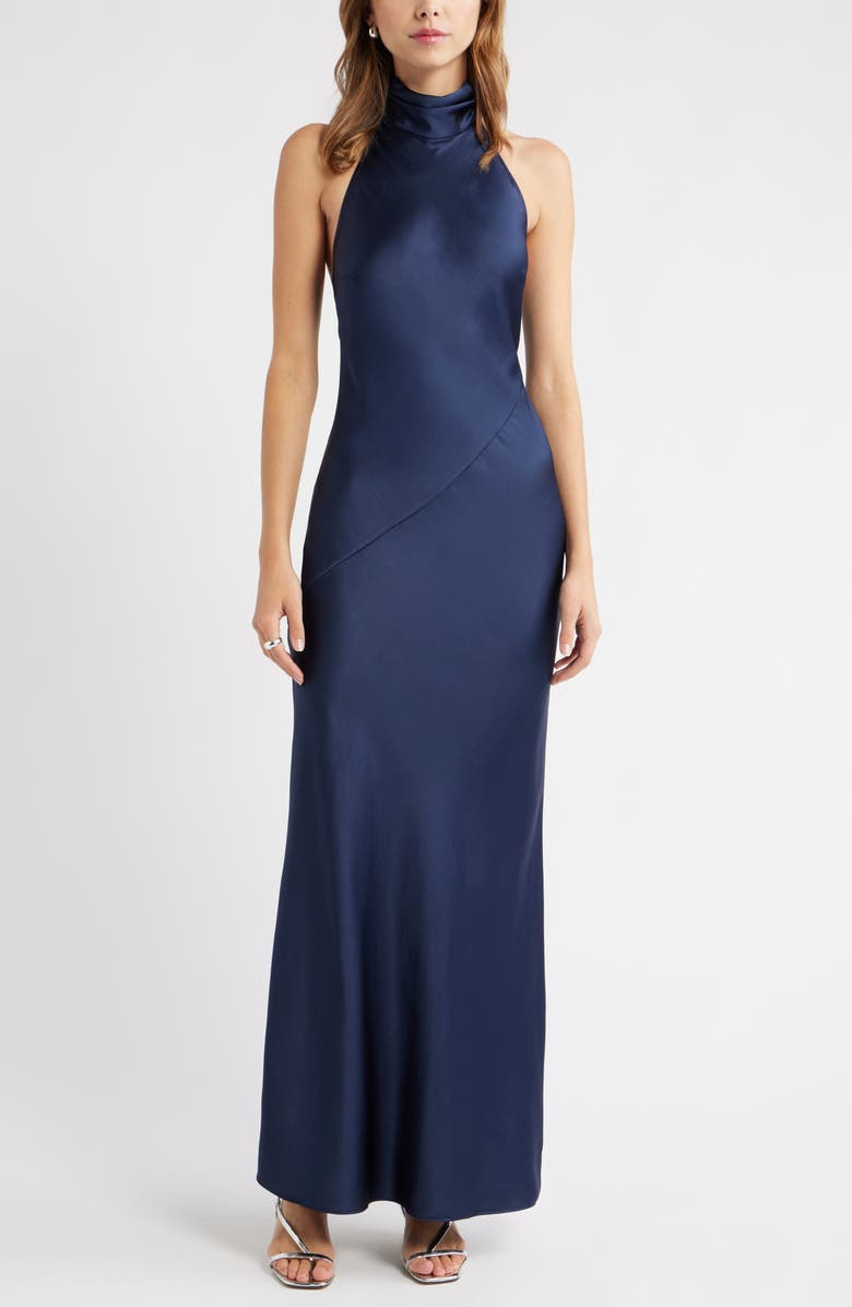 Open Edit Sleeveless Satin Halter Dress, Main, color, Navy Iris