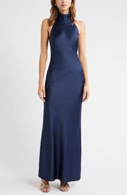 Open Edit Sleeveless Satin Halter Dress