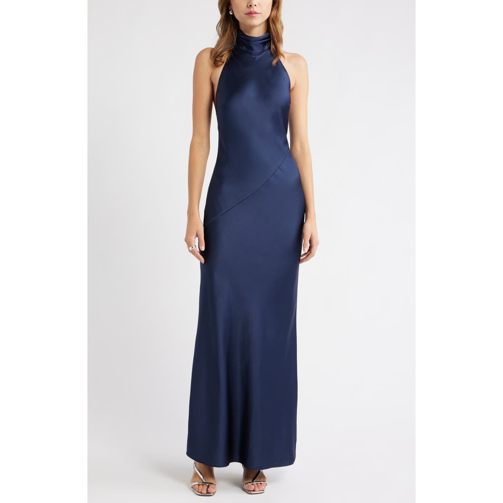 Open Edit Sleeveless Satin Halter Dress In Blue