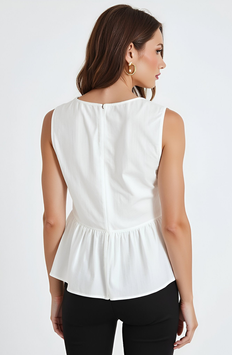 Modenaire Sleeveless Peplum Top with Asymmetric Pearl Button Front, Alternate, color, White