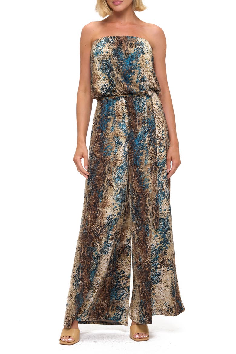 Printed Strapless Wide Leg Jumpsuit, Main, color, TEAL