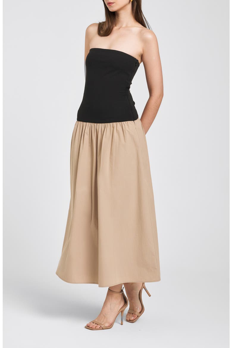 Kierstin Strapless Midi Dress, Alternate, color, BLACK / KHAKI