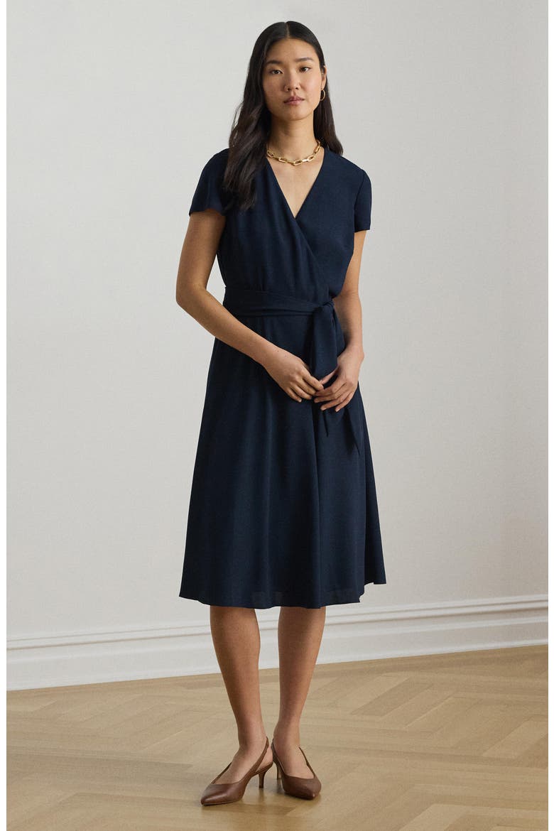 Flutter Sleeve Belted Georgette Dress, Alternate, color, LAUREN NAVY BLUE