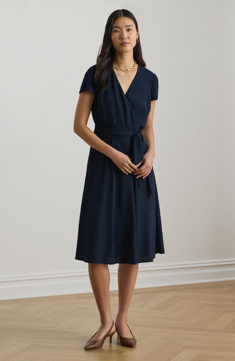 Lauren Ralph Lauren Flutter Sleeve Belted Georgette Dress, Alternate, color, Lauren Navy Blue