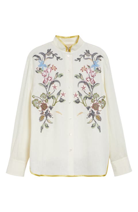 Floral Embroidered Linen Button-Up Shirt