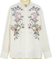 Valentino Floral Embroidered Linen Button-Up Shirt