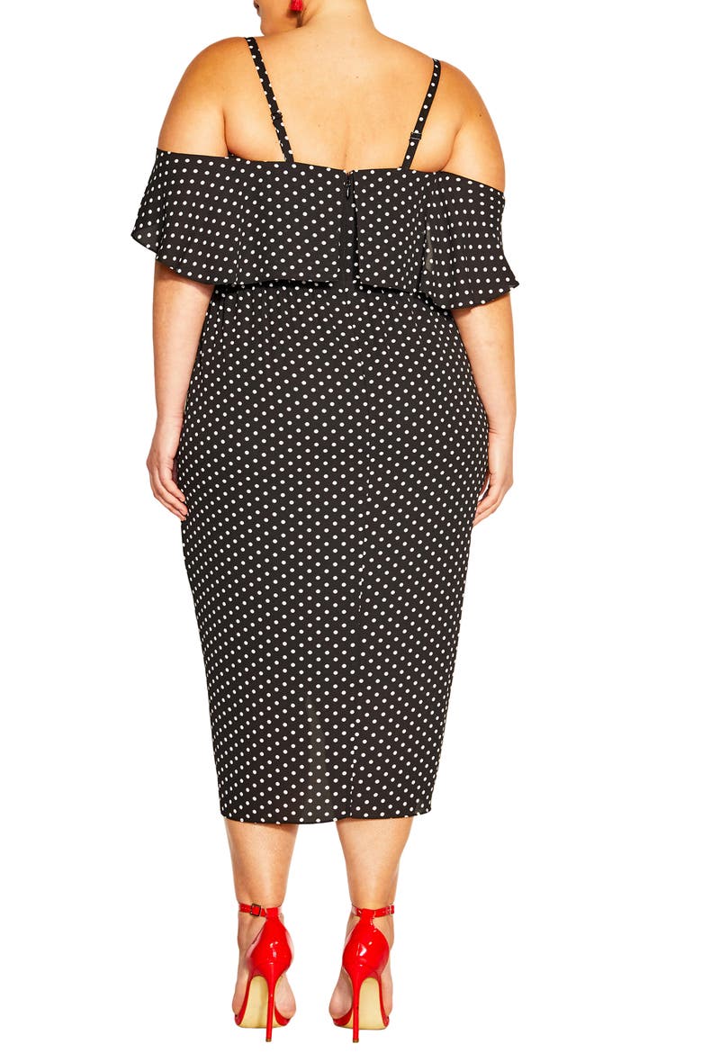 Gina Spot Off the Shoulder Midi Dress, Alternate, color, BLK POLKA DOT