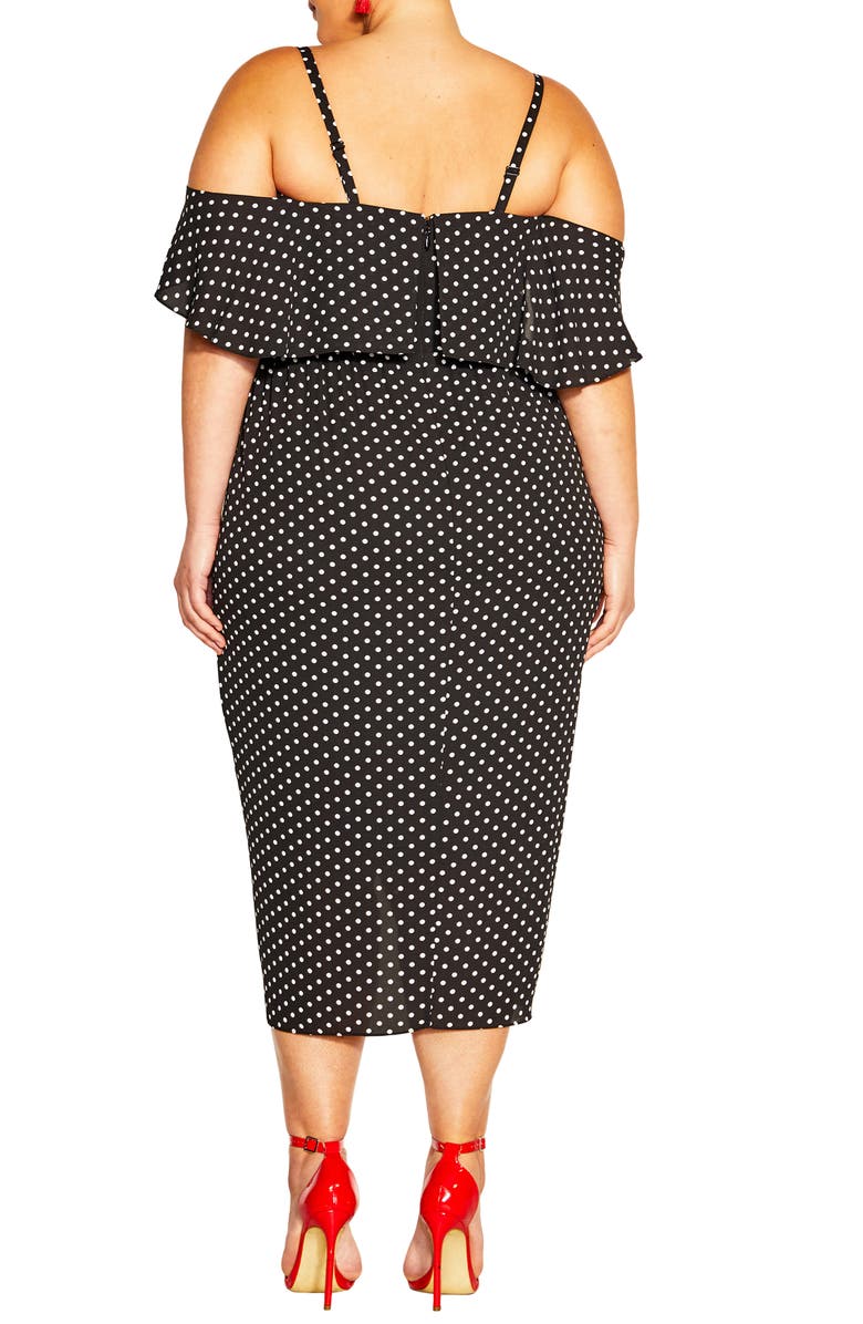 City Chic Gina Spot Off the Shoulder Midi Dress, Alternate, color, Blk Polka Dot