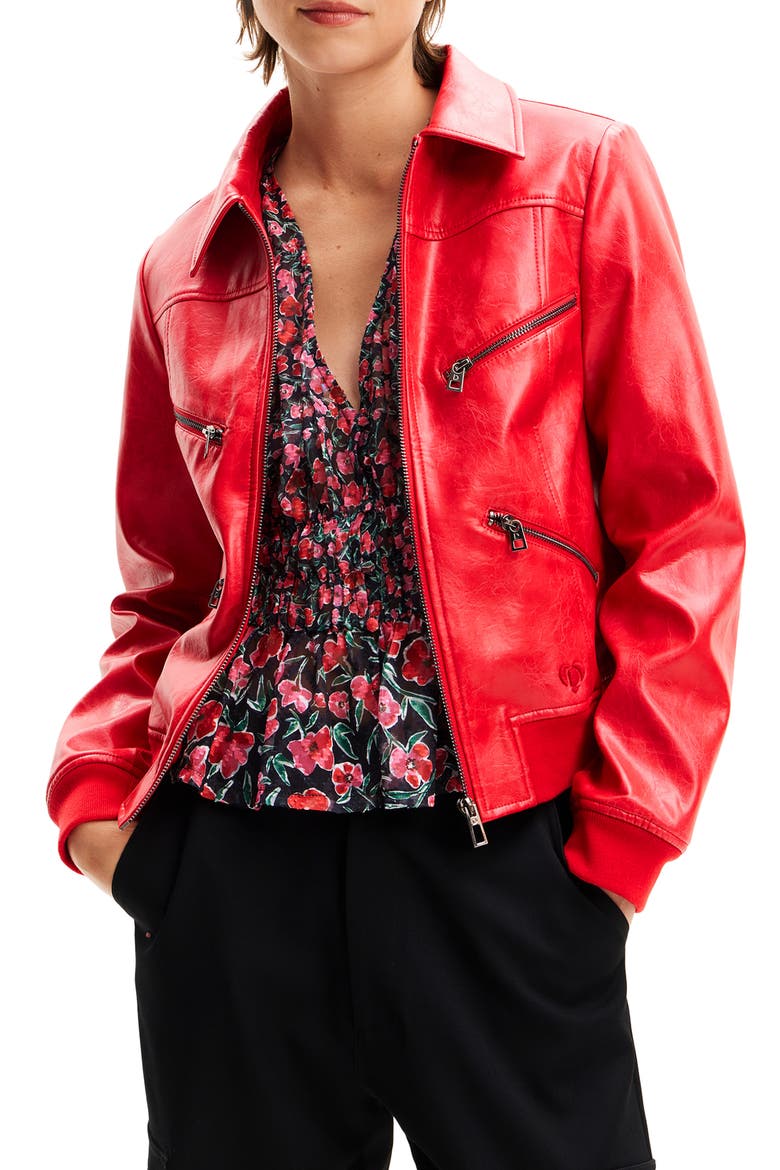 Retro Faux Leather Biker Jacket, Main, color, RED