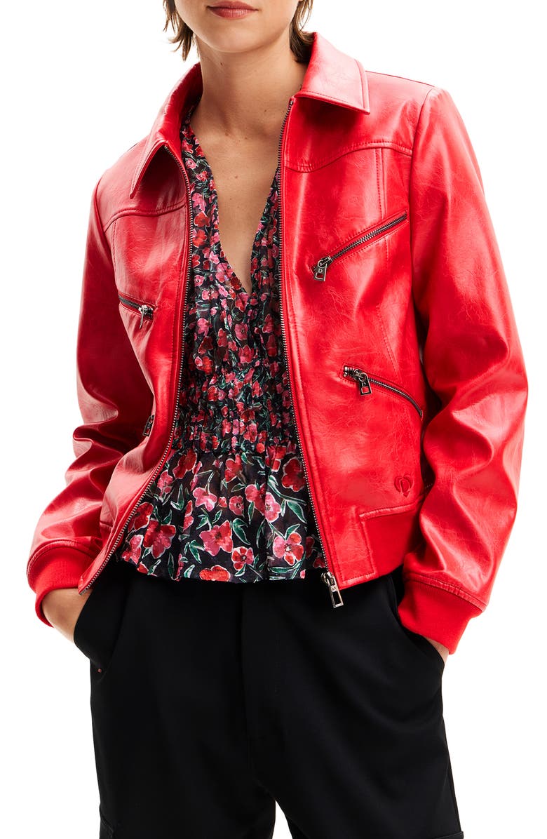 Desigual Retro Faux Leather Biker Jacket, Main, color,