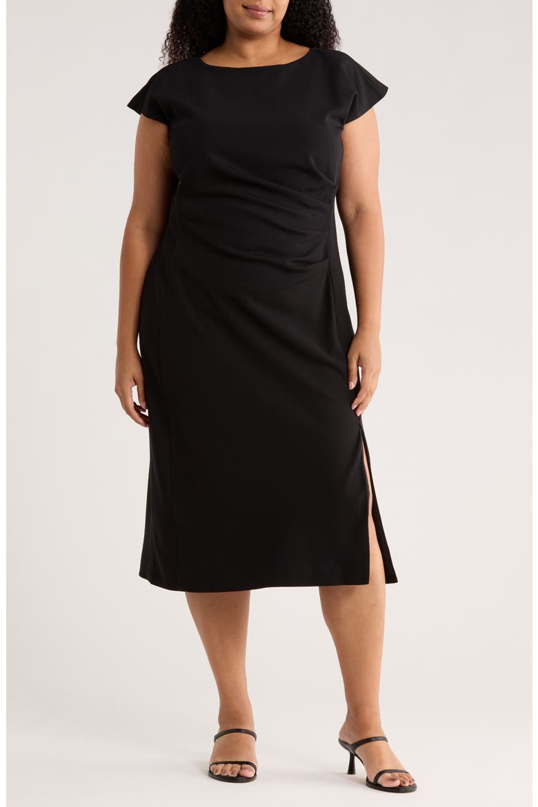 Cap Sleeve Pleated Midi Suiting Dress, Main, color, BLACK