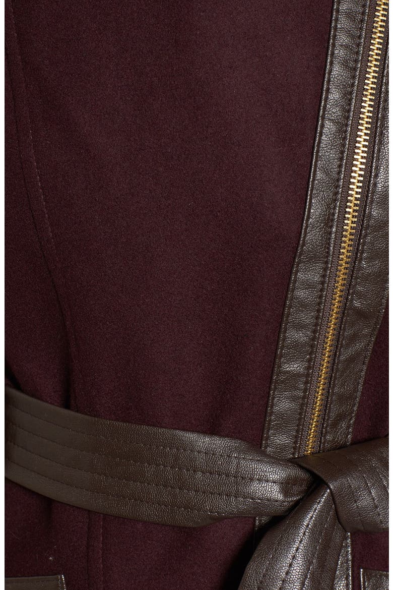 Faux Leather & Faux Fur Trim Belted Wool Blend Coat, Alternate, color, OLD WINE