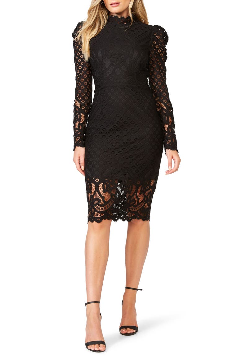 Taylah Long Sleeve Lace Cocktail Dress, Main, color, BLACK