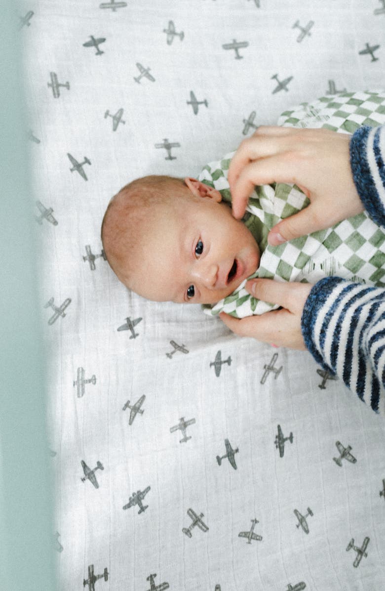 little unicorn Organic Cotton Muslin Crib Sheet, Alternate, color, Pewter Planes