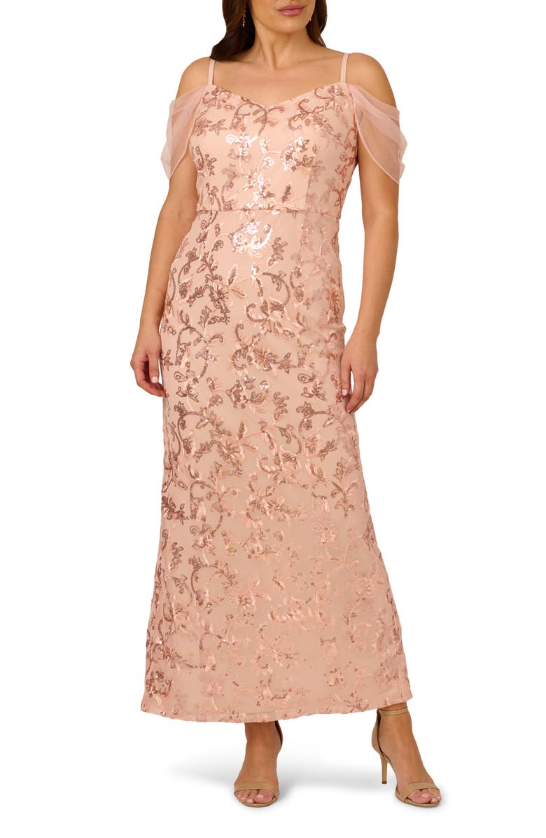 Adrianna Papell Embroidered Sequin Cold Shoulder Gown, Main, color, Rose Gold