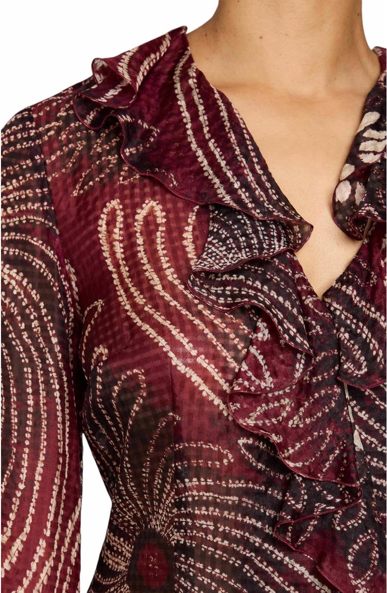 Santorelli SYDNEY Long Sleeve Button Down Blouse with Ruffles in Silk Modern Gingham Floral Print, Alternate, color, Cherry Cola