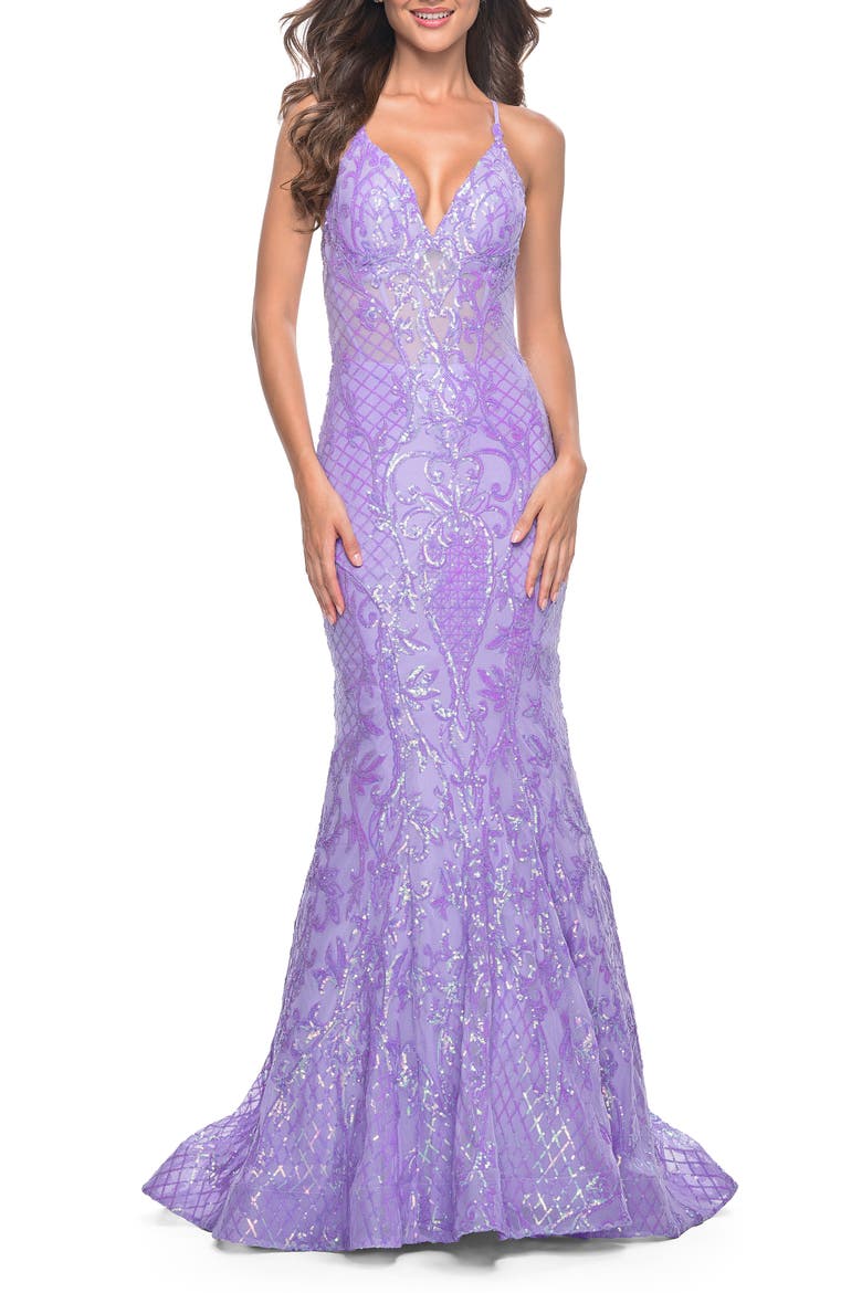 Neon Mermaid Print Sequin Dress with Lace Up Open Back, Alternate, color, Lavender