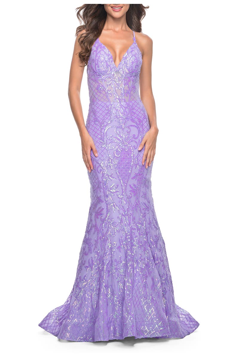 La Femme Neon Mermaid Print Sequin Dress with Lace Up Open Back, Alternate, color, Lavender
